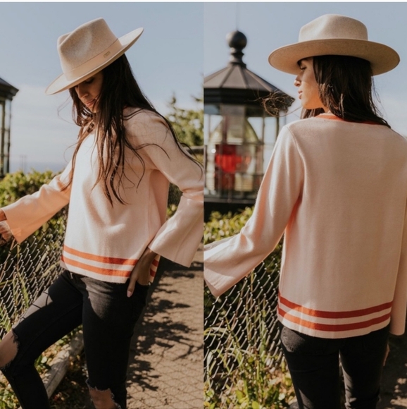 Roolee Peach Stripe Hem Bell Sleeve Sweater size large pullover - Picture 2 of 7